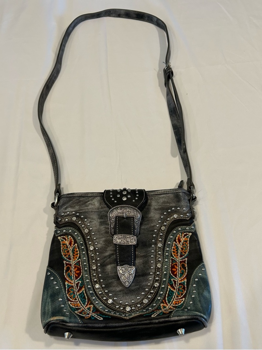 Montana West Black Crossbody Bag with Teal and Orange Embroidery